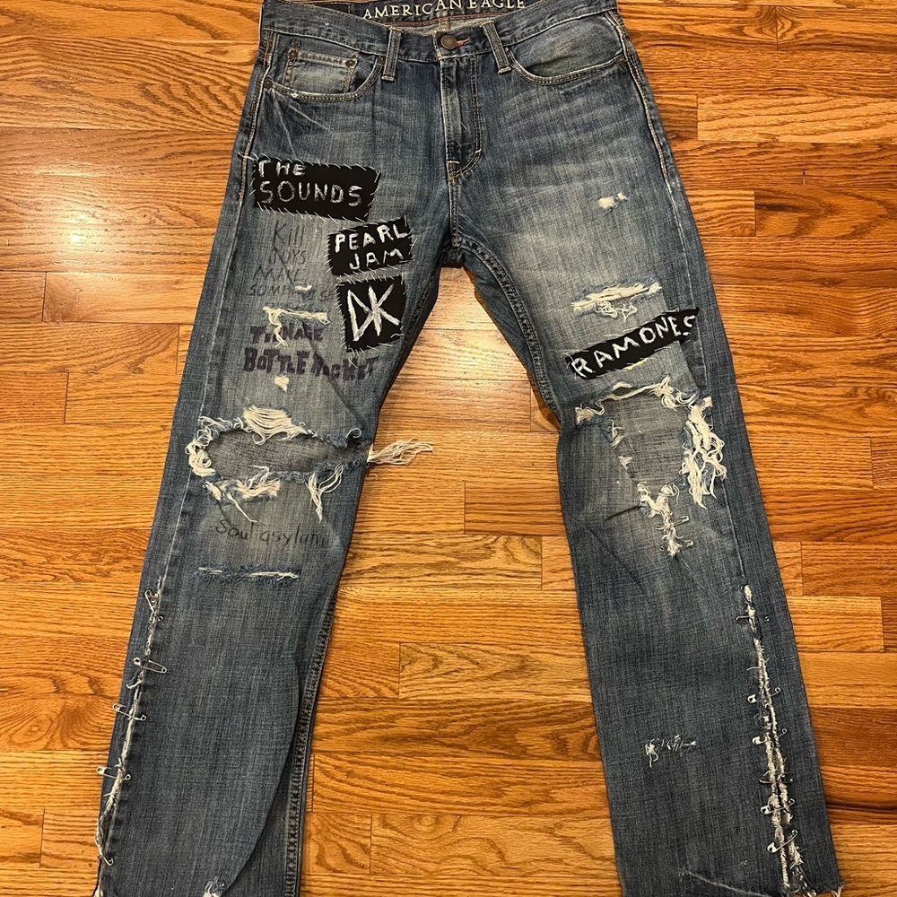 Mens hand crafted crust punk starter jeans, good condition, American eagle brand